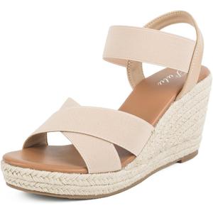 Putu Women's Espadrilles Wedge Sandals Elastic Ankle Strap Platform Sandals Open Toe Criss-cross Wedge Sandals (8, Nude)