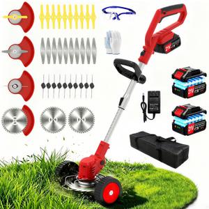 Electric Weed Wacker Cordless Eater, 21V Battery Powered String Trimmer, 3 in 1 Lightweight Grass Trimmer/Brush Cutter/Edger with Wheels, 4 Types Blade, Stringless Weed Trimmer for Lawn Yard Garden
