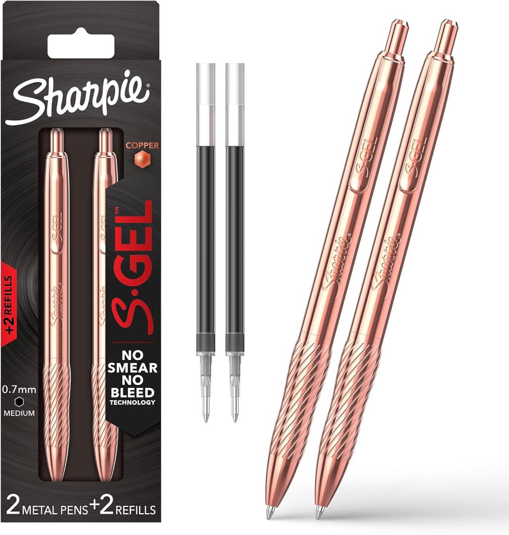 Sharpie S-Gel, Gel Pen, Copper Metal Body, Medium Point (0.7mm), Black Ink, Includes 2 Pens and 2 Additional Ink Refills (2 Count (Pack of 1))