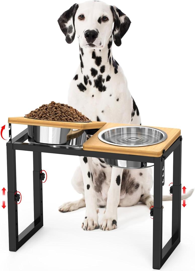 Dog Bowls Elevated, 4 Height (9.6" to15) & Angle (0-20) Adjustable Raised Dog Bowl Stand, Elevated Dogs Bowl for Medium to Large Sized, Bamboo Feeding Station with 2X 10cups Stainless Steel Dishes