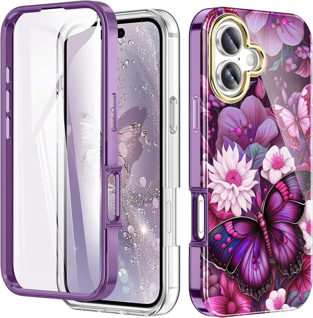 Turquiase Cute Flower Case for iPhone 17 6.3 inch Built with Screen Protector, Lightweight and Stylish Full Body Shockproof Protective Rugged TPU Case for Women/Girls-Butterfly