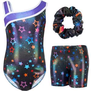 Gogokids Gymnastics Leotards for Girls Sloping Shoulders Kids Dance Unitards Biketards with Shorts for 3-12 Years