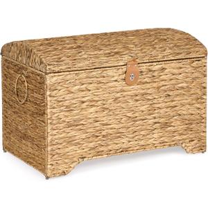 Handwoven Storage Basket with Lid, 178L Wicker Storage Bin, Natural Water Hyacinth, Leather Buckle & Metal Frame, Metal Ring Handles for Easy Transport, Storage Chest & Trunk for Bedroom, Living Room