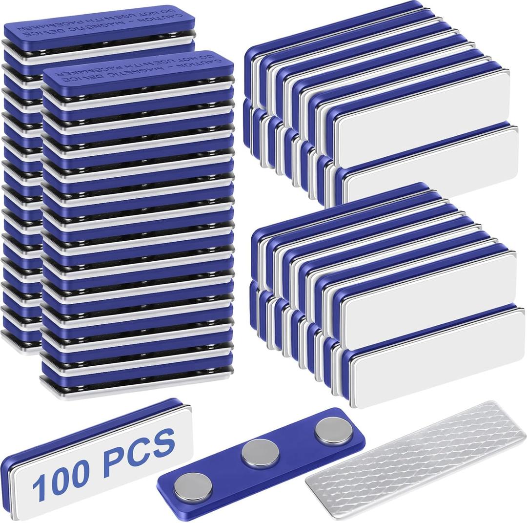 50 Pcs Name Tag Magnets Magnetic Name Badge Holders ID Fastener Clip with 3 Neodymium and Adhesive Backing for Uniform Jackets (Navy Blue)