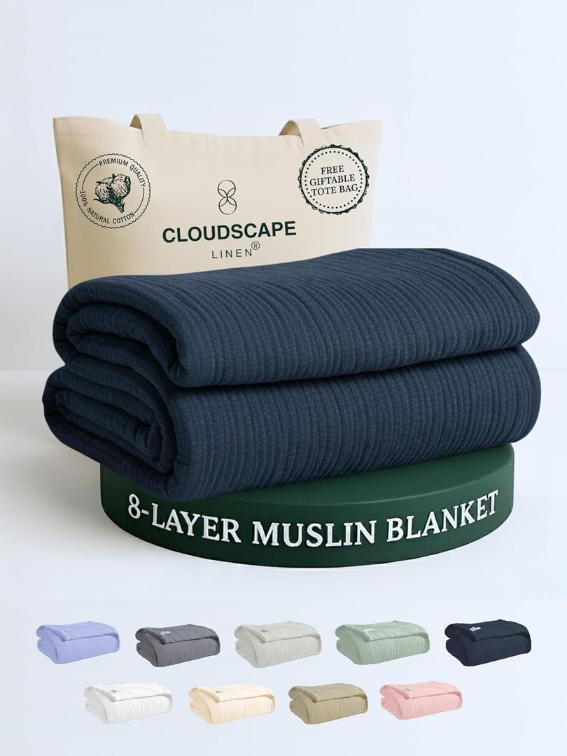 CLOUDSCAPE 8 Layer Muslin Blanket for Adults, 100% Cotton Gauze Layering Blanket King Size, 92"x108" Fits Upto Cal King Bed - Heavy Weight, Breathable, All Season Soft Bedding - Ensign Blue