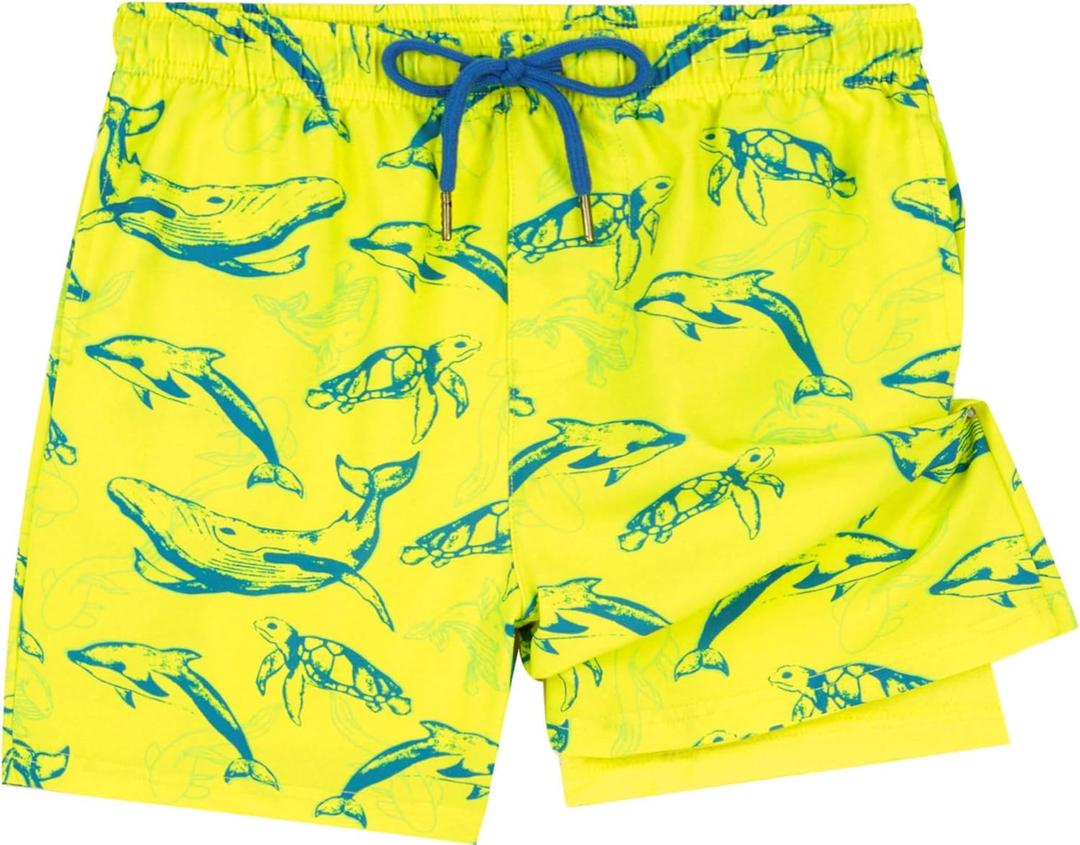 UMELOK Boys Swim Trunks with Compression Liner Toddler Swimsuit (2T, Neon Shark)