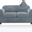 PrinceDeco Velvet Couch Cover Loveseat Covers for 2 Cushion Couch 3 Piece Sofa Covers for Dogs Washable Loveseat Covers Width Up to 72 Inch No Slip Stretch Sofa Slipcover(Medium, Stone Blue)