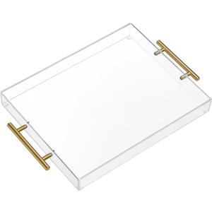 11"x14" Clear Acrylic Serving Tray with Golden Handles, Sturdy Huge Capacity Acrylic Tray for Coffee, Juice, Kitchen and Desk Organizer 