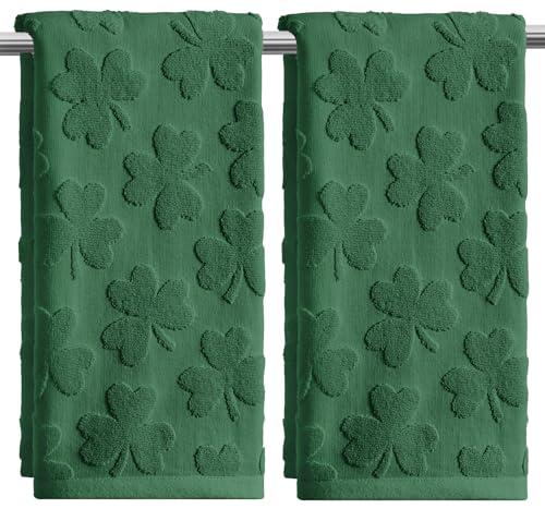Artoid Mode 2 Pcs Dark Green 3D Shamrock Jacquard Patrick Hand Towels for Bathroom, 100% Cotton Soft Absorbent Bathroom Decor Towels, 13.7 x 29.5 Inch