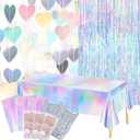8 PCS Iridescent Disco-Holographic Party Decorations - Love-Heart Garland Streamers Banner, Disposable Laser Tablecloth, Tinsel Foil Fringe Curtains | Birthday, Bachelorette, Engagement, 90s, 80s