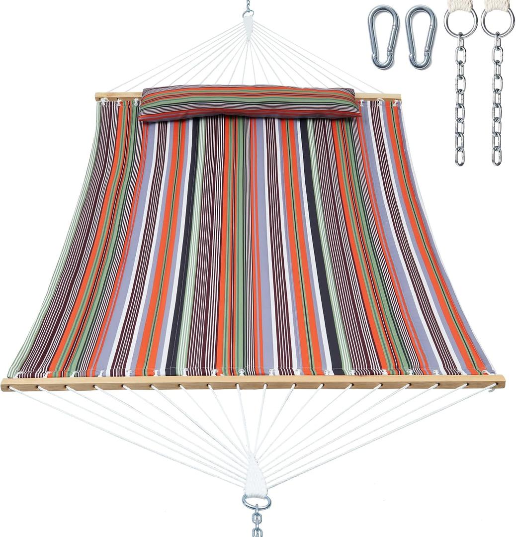 GAFETE Hammock 2 Person Quilted Fabric Hammocks for Outside, Double 12ft Hammocks with Spreader Bar, Large Removable Pillow, Storage Bag, Carabiners, Max 475 lbs Capacity (Canyon Sunset)