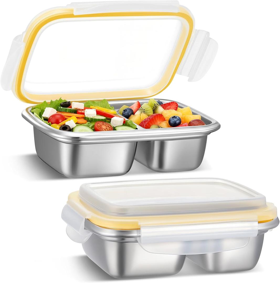Blushtier 2 Pack Stainless Steel Snack Containers, 550ml Dual Section (Non Sealed Divider), Leak Resistant Lids for Dry Foods, 304 Stainless Steel, Reusable Food Storage for Office, School, Travel