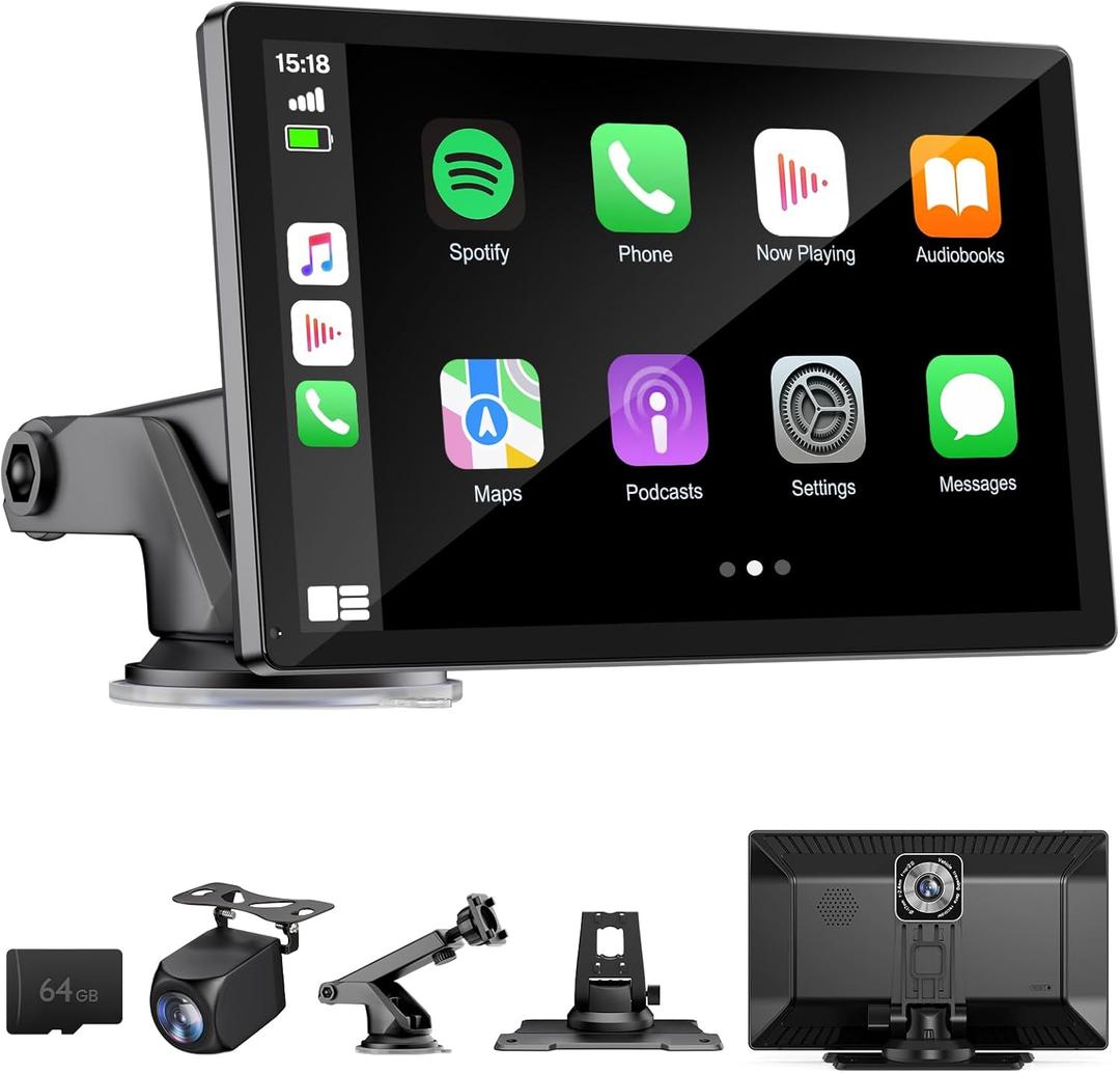 9" Wireless Apple Carplay Screen for Car with 4K Dash Cam, Portable Apple Carplay & Android Auto with 1080p Backup Camera DVR, Voice Control/GPS Navigation/Mirror Link/BT