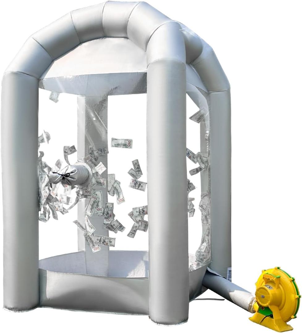 OZIS 8.2x5.2x5.2Ft Inflatable Money Machine Booth with Blower Inflatable Cash Cube Booth for Business Advertising Promotions Party(Silver)