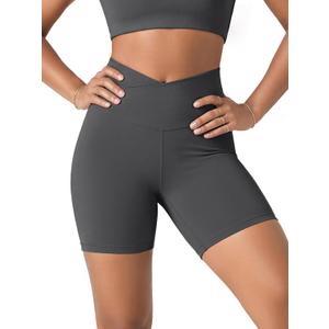 ODODOS Women's Crossover Yoga Shorts with Back Pocket, 6" Buttery Soft V High Waist Lounge Biker Shorts, Charcoal, X-Small 