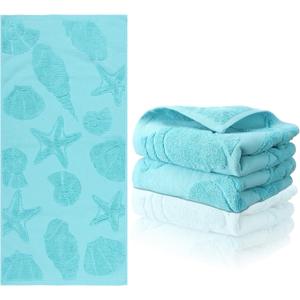2 Pcs Coastal Hand Towels for Bathroom Summer Sea Starfish Shells Bathroom Hand Towel Beach Nautical 100% Cotton Jacquard Weave Dish Washcloth for Kitchen Beach Theme Gifts 12.6 x 28.35 Inch (Teal)