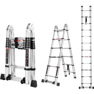 12.5 FT A Frame Telescoping Ladder, Extension Multi-Purpose w/Balance Bar & Wheels, Ladder A Frame, Heavy Duty 330 lbs Max Capacity, Ideal for Home and Outdoor Work, Silver