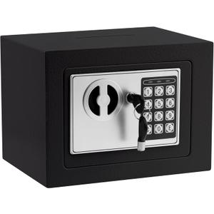 Small Electronic Safe Box With Digital Keypad & Keys - 9.05 x 6.7 x 6.7 Inches Wall Safe 0.23Cuft Mini Security Box for Coin Home Office Hotel Rooms Business Jewelry (Black)