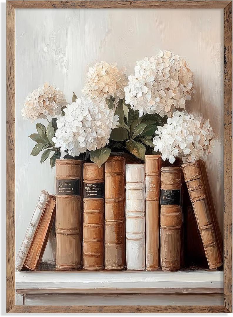 Library Decor Vintage Floral Wall Art Vintage Art Pictures Aesthetic Moody Books and Flowers Wall Painting Canvas Prints for Dining Room Living Room Bathroom Home Office Decorations 12x16Inch UnFramed (16L" x 12W", Whispering Pages & Snowball Blooms)