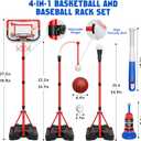 4 in 1 Kids Basketball Hoop and T-Ball Set - Adjustable Hanging T-Ball Stand with Automatic Pitching Machine, Indoor Outdoor Sports Toys, Christmas Birthday Gifts for Boys Girls Ages 3-8