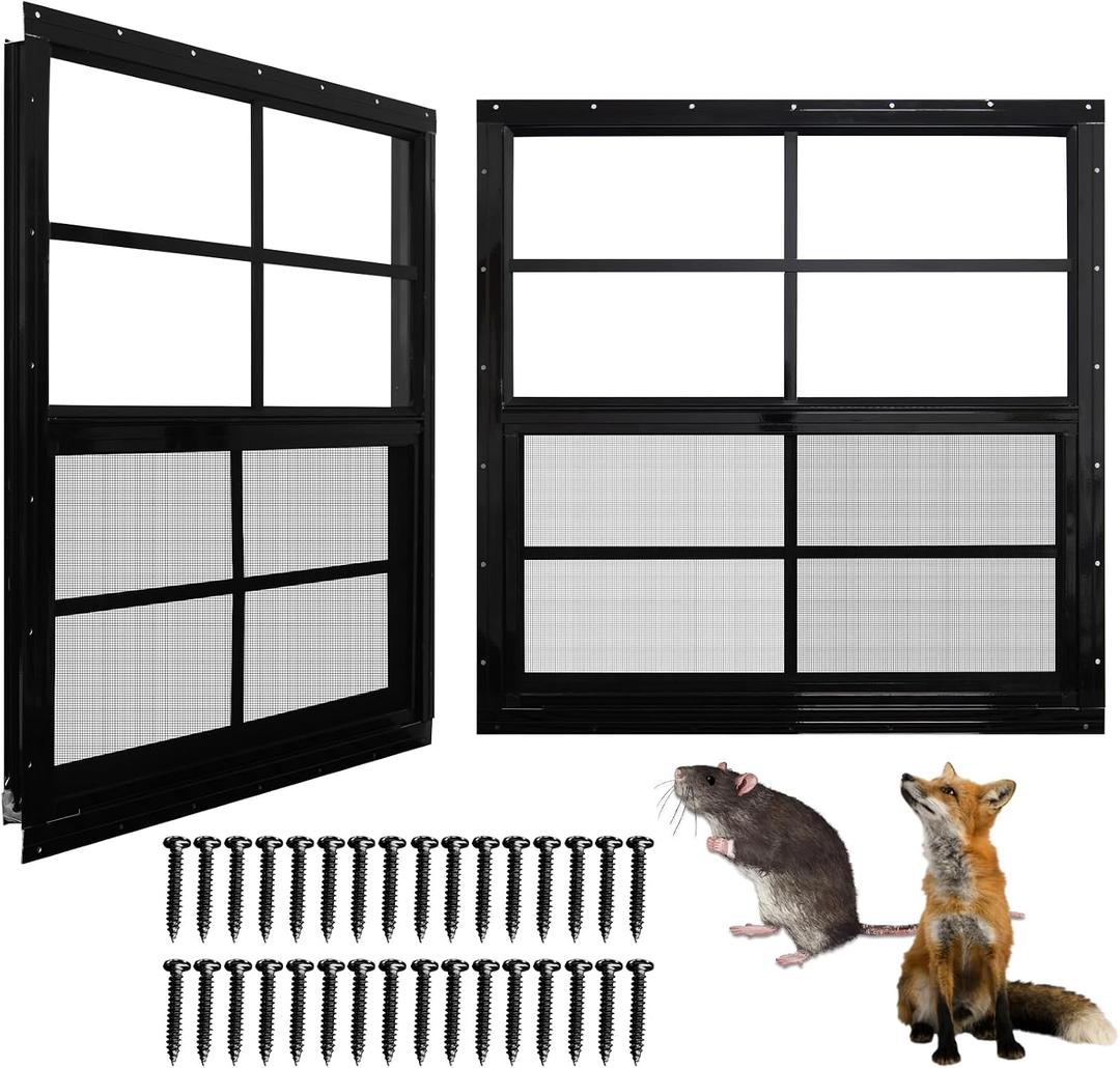 NeatiEase Upgraded Shed Windows 2 Pack, 30" x 36" Windows with Tempered Glass and Stainless Steel Screen for Shed, Chicken Coop, Playhouse, Household, Garage(Black)