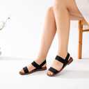 Veittes Women's Casual Flat Slide Sandals - Adjustable Elastic Strappy Double Bands Summer Flat Sandals, Size 11 (Black)