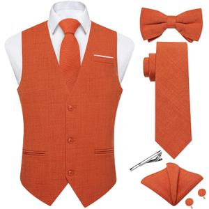 DiBanGu Mens Linen Suit Vest Casual Waistcoat and Necktie & Pre-tied Bowtie Set 6PCS Solid Color Dress Vest for Wedding Party (Orange, XXL)
