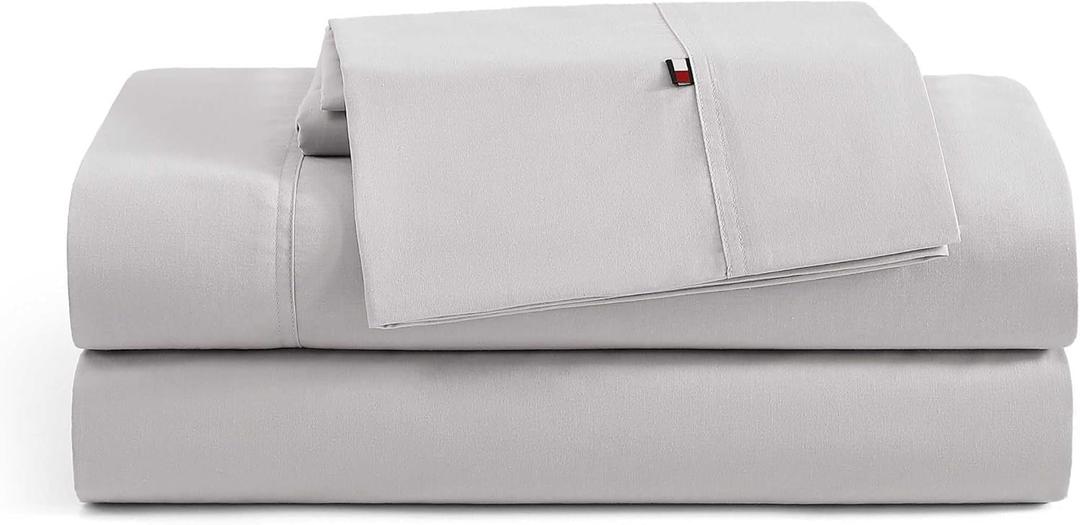 Tommy Hilfiger - Sheet Set, Cotton Percale Bedding with Matching Pillowcases, Crisp & Cool, Solid Home Essentials (Grey, Full)