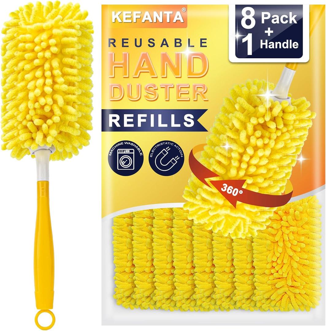 KeFanta Reusable Duster Refill for Swiffer Duster, 360° Heavy Duty Duster Refills 8Pcs with 1 Handle, Washable Microfiber Duster for Cleaning