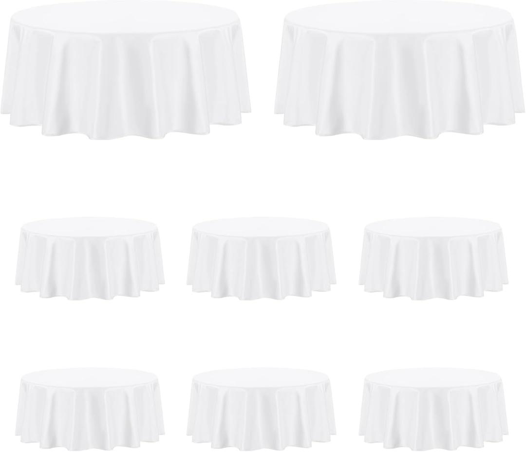 PureFit 8 Pack Round White Table Cloths 120 Inch for Round Tables, Stain and Wrinkle Resistant Table Linens for Home Use, Wedding, Party, Banquet and Camping