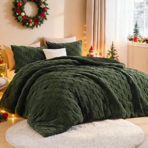 Litanika Fluffy Queen Size Comforter Set Olive Green, 3 Pieces Warm Sherpa Fleece Winter Bedding Set, Jacquard Checkered Plush Fuzzy Blanket Bed Set(1 Comforter, 2 Pillowcases) (Queen(90*90in))