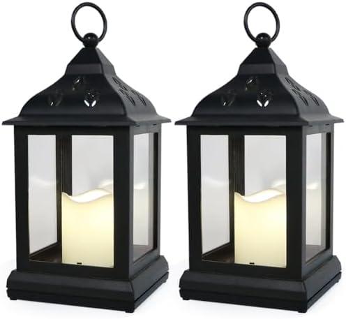 Bright Zeal 2-Pack 9.5" Vintage Decorative Candle Lantern with LED Flickering Flameless Candle (Black, 8hr Timer) - Indoor Hanging Lanterns Decorative Lanterns Battery Powered LED Candle Timer Candle
