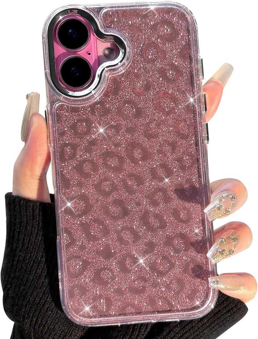 NITITOP Compatible with iPhone 17 Case Cute Cool Glitter Leopard Print Cheetah Sparkle Bling for Girl Women Plating Camera Edge Shockproof Protective Cover - Pink