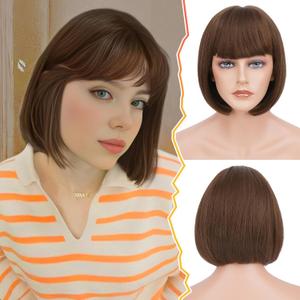 BARSDAR Short Bob Wig With Bangs - 12 Inch Short Brown Bob Wig for Women - Natural Looking Soft Synthetic Hair Replacement Wigs Velma Costume Halloween Party Bob Wigs - Chocolate Brown