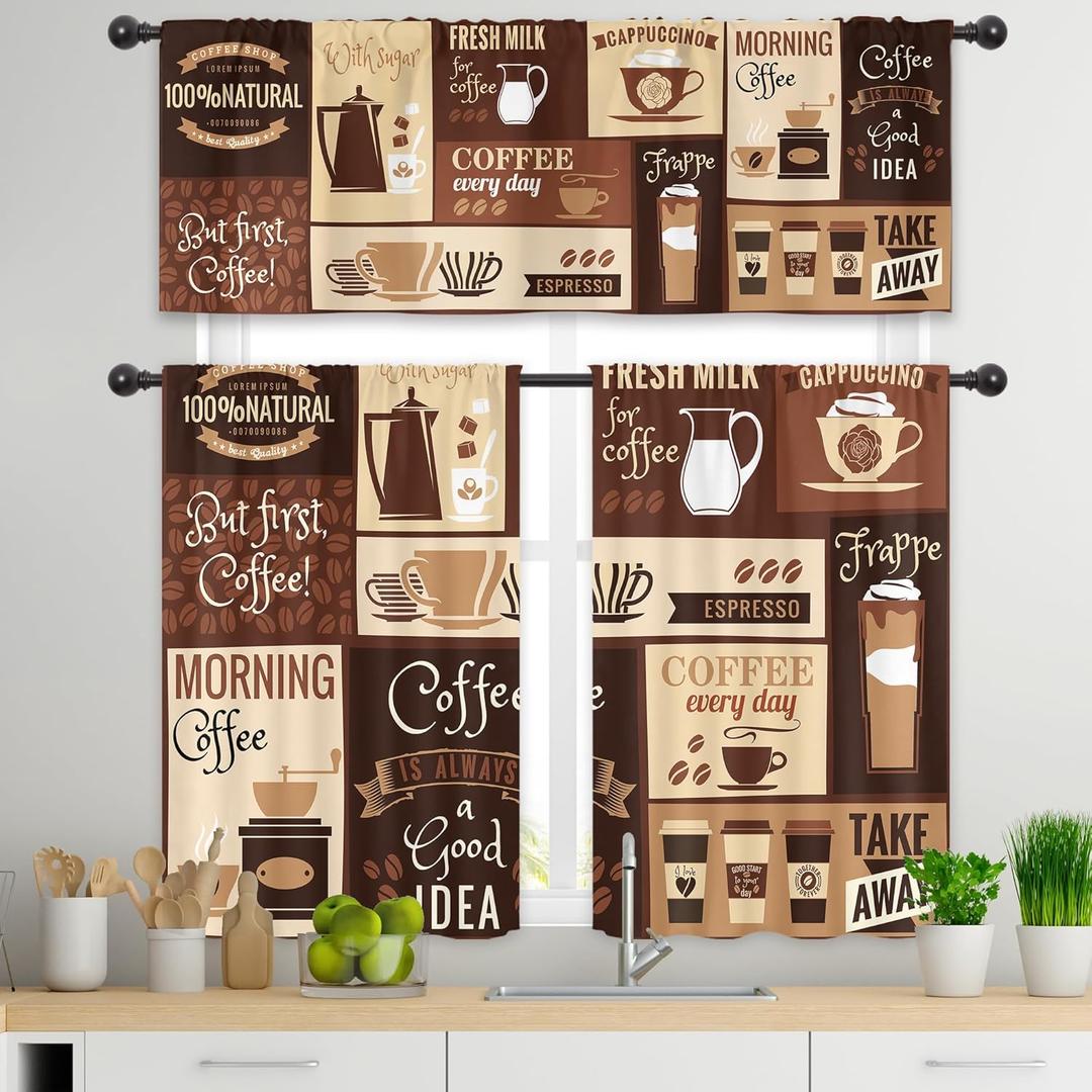 Cinbloo Brown Coffee Kitchen Curtains and Valance 3 Piece Set Rod Pocket Rustic Vintage Latte Cappuccino Cafe Theme Curtains Farmhouse Cafe Beans Drink Decor Modern Window Drapes Fabric (52"W x 54"L (Pack of 1))