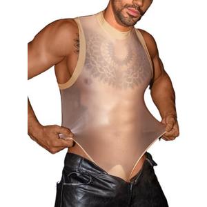 EHSUYAB Sexy Glossy Mens Lingerie Sheer, Snap Crotch Thong Leotard High Cut Muscle Suit, Mesh Rave Bodysuit Top Club Outfits, One Size 