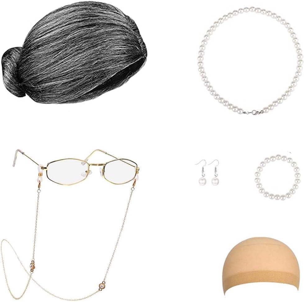 Old Lady Costume for Women Old Lady Wig Grandma Granny Wig and Glasses Old People Cosplay for 100th Day of School Party (Grey Bun)