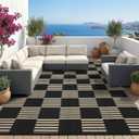 Garvee Waterproof Outdoor Rug 9x12, Checkered Foldable Plastic Straw Patio Camping Rug, Outdoor RV Carpet for Deck Camper Porch Balcony Backyard Picnic Beach Black and Brown