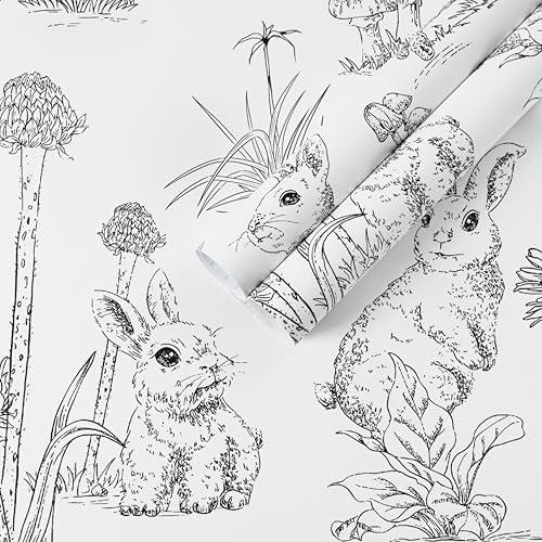 Safiyya Peel and Stick Wallpaper Black White Contact Paper Modern Wall Paper Cute Rabbit Mushroom Animal Nursery Wallpaper Self Adhesive Removable Vinyl Rolls 78.7"×17.3" 3 Pack