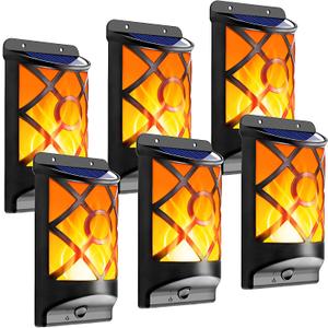 LazyBuddy 6 Pack Solar Flame Lights Outdoor Waterproof - Realistic 3D Flickering Flame Wall Lantern with 66 Ultra-Bright LEDs - Auto On/Off Fire Effect Lighting for Fence, Patio, Garden Decor