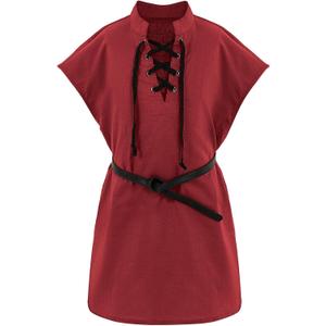 Boys Kids Renaissance Pirate T Shirts Viking Medieval Sleeveless Lace Up Costume Scottish Cotton Tank Tops (8-10 Years, Red)