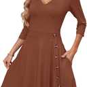 PerZeal Casual Dress for Women V-Neck 3/ 4 Sleeve Wedding Guest Knee-Length A-Line Cocktail Party Dress with Pockets Brown X-Large