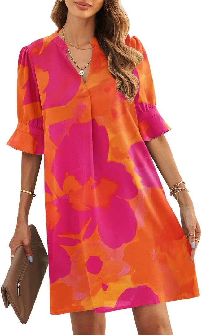 JOCAFIYE Womens Dresses V-Neck Ruffled Short Sleeve Dress Casual Shift Dress Summer Dresses for Women 2026, M