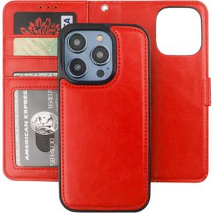 Bocasal Detachable Wallet Case for iPhone 14 Pro RFID Blocking Card Slots Holder Premium PU Leather Magnetic Kickstand Shockproof Wrist Strap Removable Flip Protective Cover 5G 6.1 inch (Red)