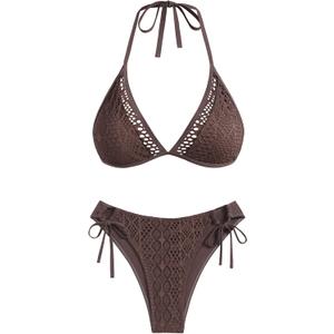 ZAFUL Women's Halter Triangle Bikini Set Crochet Boho Floral Swimsuit Cut Out Tie Side Two Piece Bathing Suit (Brown, M)