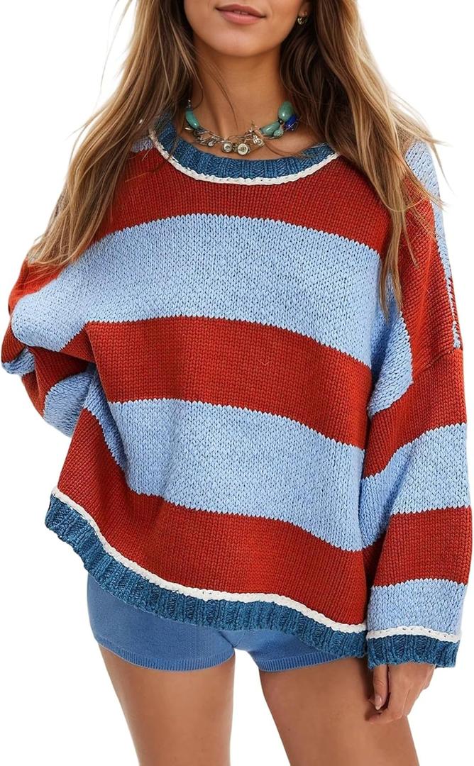 Fnortc Women's Chunky Knit Striped Sweaters Casual Long Sleeve Crew Neck Oversized Pullover Sweater Winter Fall Spring Tops(Brown, S)