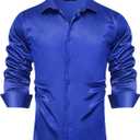 Hi-Tie Mens Satin Dress Shirt Long Sleeve Button Up Casual Luxrury Silk Shiny Prom Party Shirt (Blue, XL)