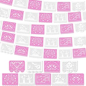 VitalCozy 4 Pack 59 ft Papel Picado Banner Mexican Talavera Party Plastic Fiesta Banner Mexico Wedding Decorations for Day of The Dead Cinco De Mayo Cielito Lindo Party Decorations (Pink White)