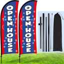 Buryeah 2 Pack Open House Flags Signs for Real Estate Agents Feather Flag Opening Signs Banner Set with Flagpole Ground Stake Portable Bag for Real Estate Business(Blue Red,7x5.4 ft)