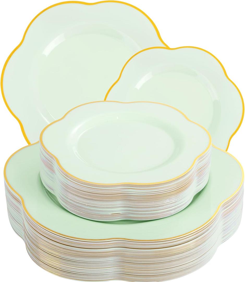 Liacere 50PCS Sage Green Plates - Heavy Duty Green Disposable Plates - Green and Gold Plastic Plates Include 25PCS Green Dinner Plates, 25PCS Green Dessert Plates for Baby Shower & Spring & Party